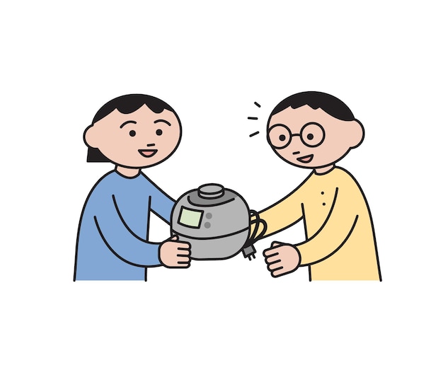 A woman is giving her rice cooker to her friend cartoon style vector illustration