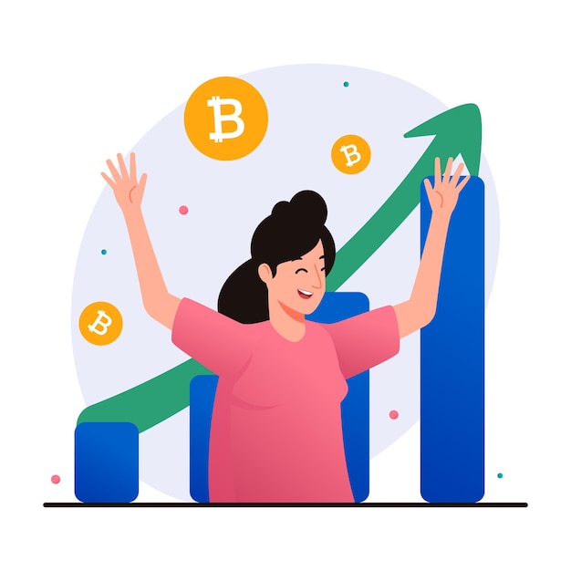 Vector woman is happy because the price of bitcoin is rising