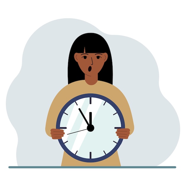 The woman is holding a big clock in his hands Time management planning organization of working time effective business deadline