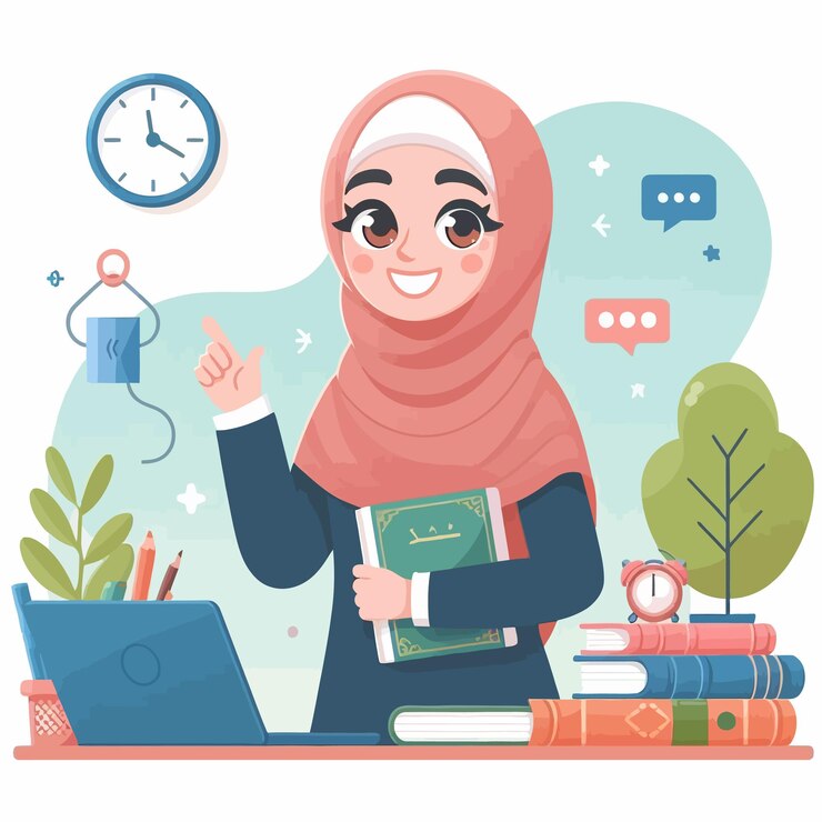 女性が本を持っておりその本には彼女は右側を指しているという文字が書かれています