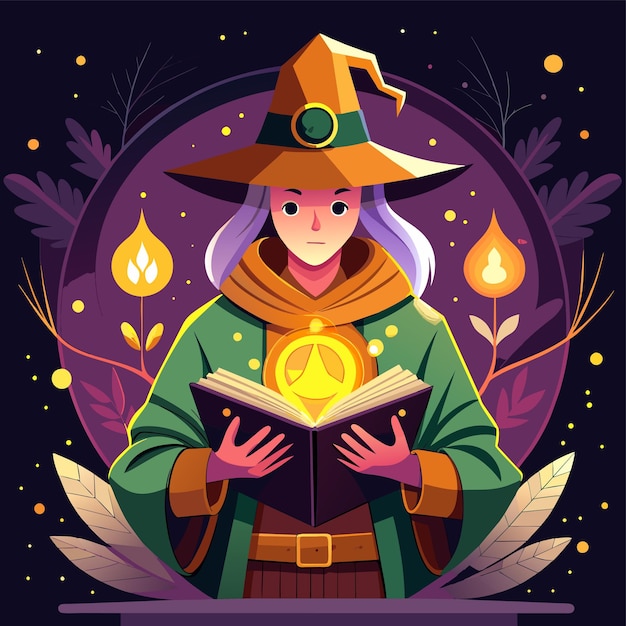 Vector a woman is holding a book with a witch on the cover