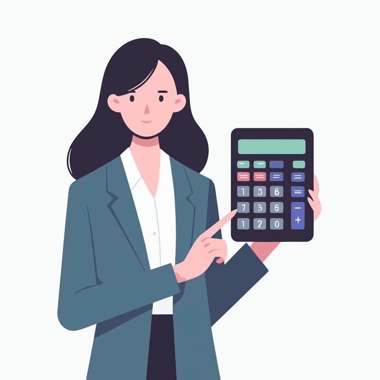 Vector a woman is holding a calculator and pointing to the number 3
