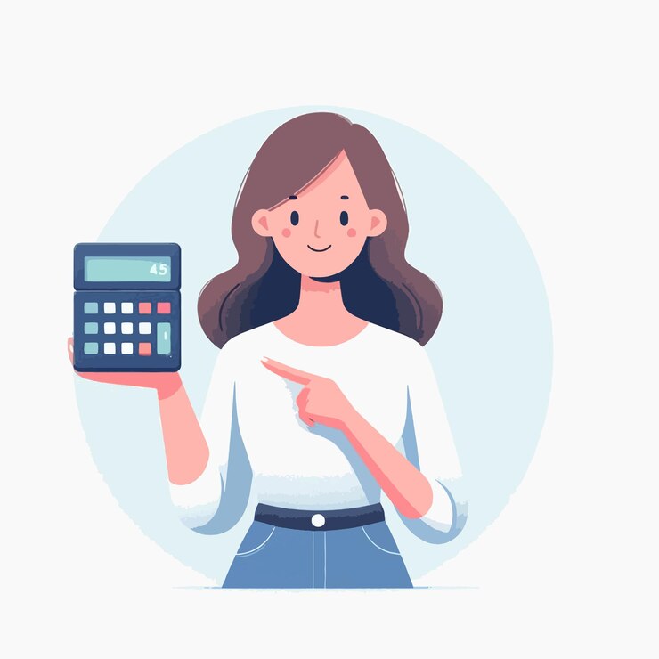 Vector a woman is holding a calculator and pointing to the number 45
