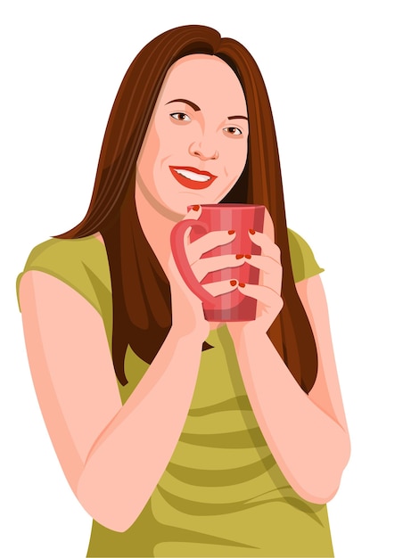 Vector the woman is holding a coffee cup in her hands lovely stylish nice cute cheerful girl
