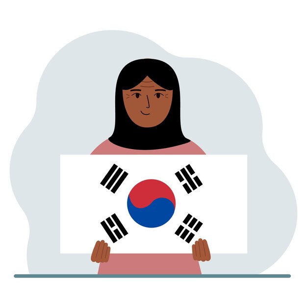 Vettore una donna sta tenendo la bandiera della corea del sud il concetto di dimostrazione festa nazionale festa dell'indipendenza o patriottismo nazionalità