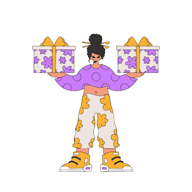 Vector the woman is holding gifts holiday surprise concept bright character in the style of the 80s and 90s