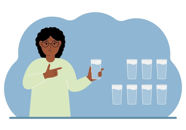 Vector the woman is holding a glass of water water balance infographic 8 glasses of water every day healthy lifestyle