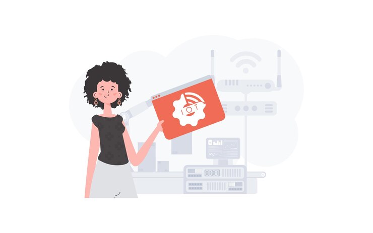 Vector a woman is holding an internet thing icon in her hands internet of things concept good for presentations and websites vector illustration in trendy flat style