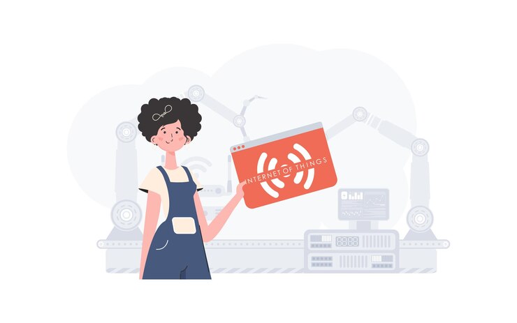Vector a woman is holding an internet thing icon in her hands internet of things concept good for presentations and websites vector illustration