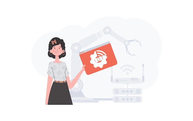 A woman is holding an internet thing icon in her hands Internet of things concept Good for websites and presentations Vector illustration in flat style