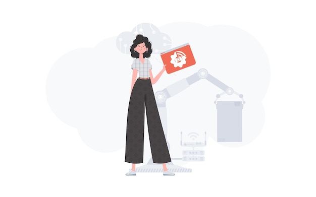 A woman is holding an internet thing icon in her hands IoT concept Good for presentations and websites Vector illustration in trendy flat style