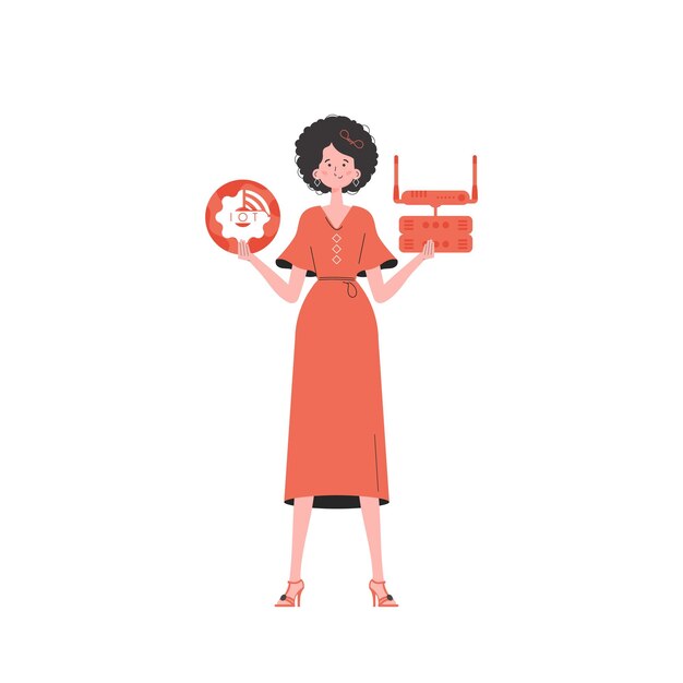 A woman is holding an internet thing icon in her hands Router and server Internet of things concept Isolated Vector illustration in trendy flat style