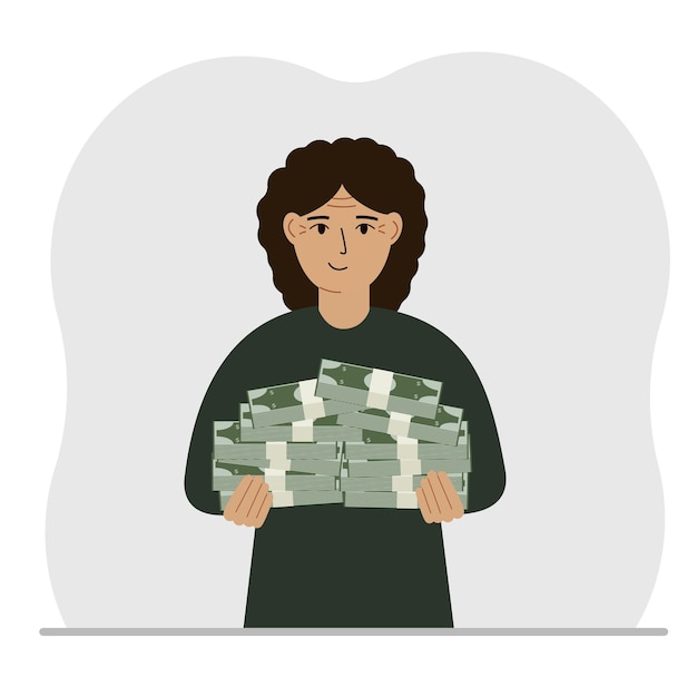 Vector a woman is holding a large pile of paper money