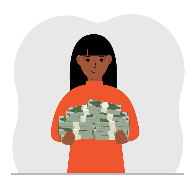 A woman is holding a large pile of paper money