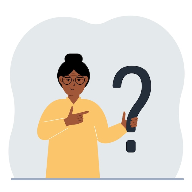 Vector a woman is holding a question mark symbol ask questions and look for answers faq or frequently asked questions concept online support center