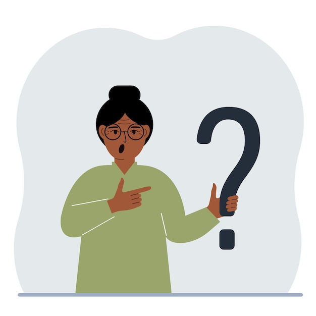 Vector a woman is holding a question mark symbol ask questions and look for answers faq or frequently asked questions concept online support center