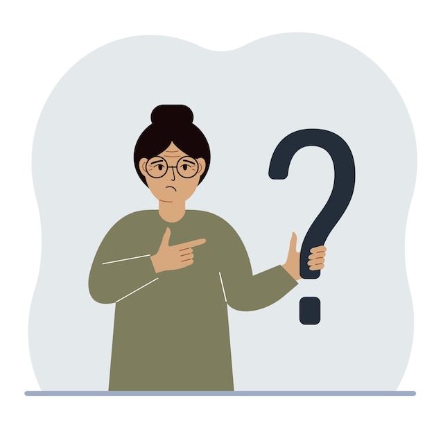 A woman is holding a question mark symbol Ask questions and look for answers FAQ or frequently asked questions concept online support center