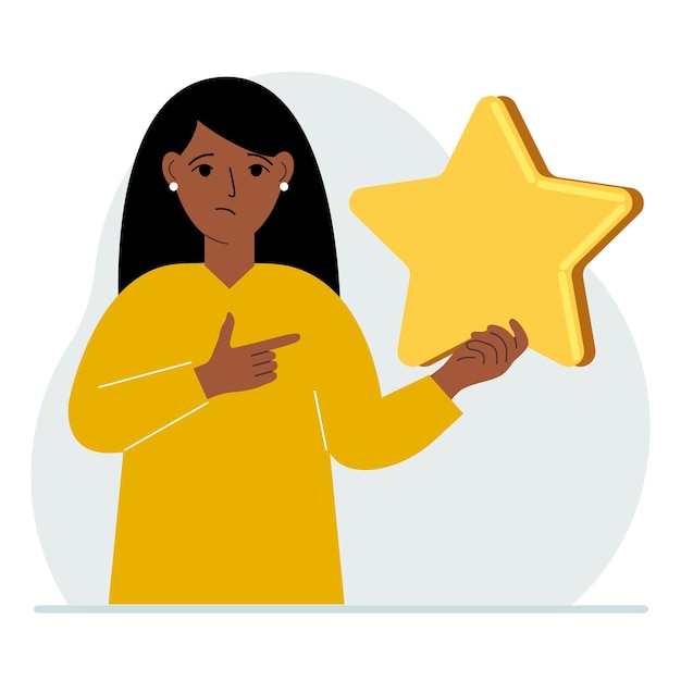 Vector the woman is holding a star service rating or positive user rating consumer review of the product feedback