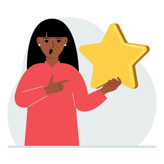 Vector the woman is holding a star service rating or positive user rating consumer review of the product feedback