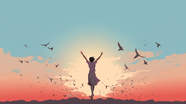 Vector a woman is jumping in the air with birds flying in the sky