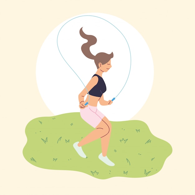 Woman is jumping rope, outdoor activity