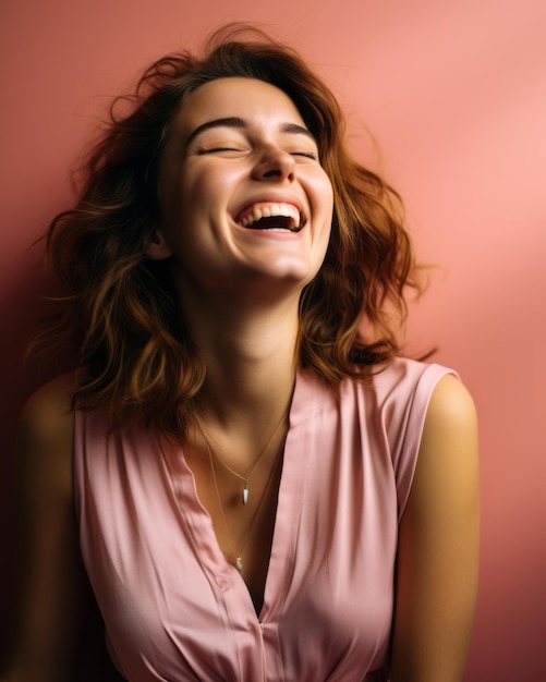 A woman is laughing and smiling in front of a pink wall