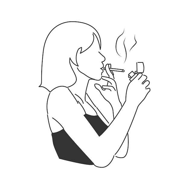 A woman is lighting a cigarette using a match line art cartoon