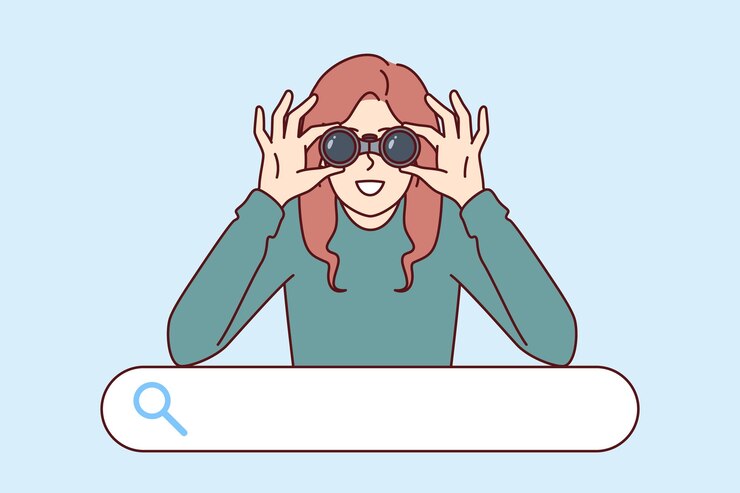 Vector 여자는 검색 바 위에 서서 안경을 사용하여 필요한 정보를 찾고 있습니다.