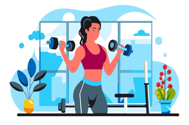 Vector a woman is performing exercises with dumbbells focusing on strength training