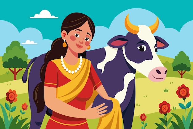Vector a woman is petting a cow in a field