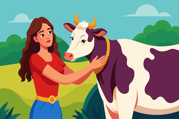 Vector a woman is petting a cow with a yellow and white horn