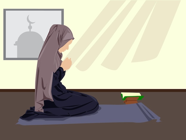 Vector a woman is praying on a prayer mat in a mosque