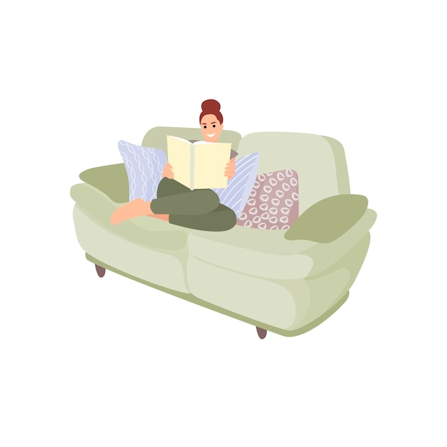 Vector woman is reading book in home