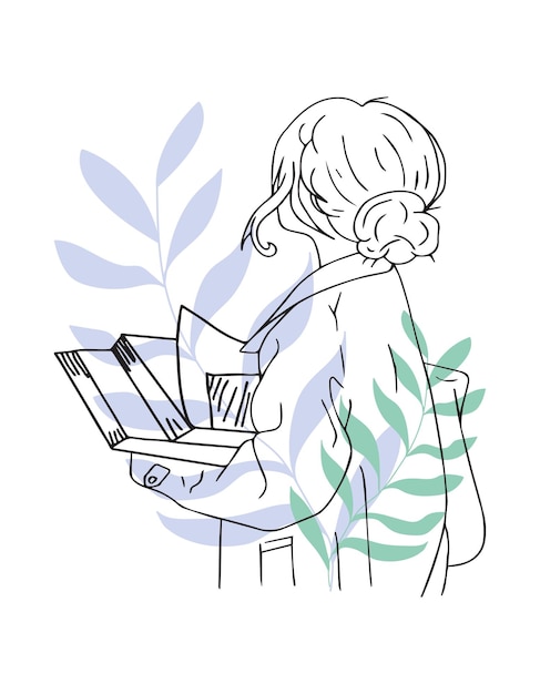 Vettore una donna sta leggendo un libro con uno sfondo blu.