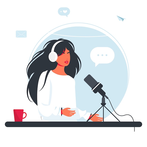 The woman is recording a podcast. girl in headphones talking into a microphone. the radio dj is broadcasting online. joyful person radio host interviewing guest, mass media broadcasting. vector