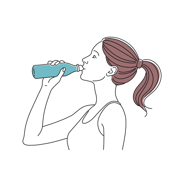 Vector woman is refreshing herself by drinking water from a clear bottle showcasing hydration and wellness doodle continuous line art vetor illustration