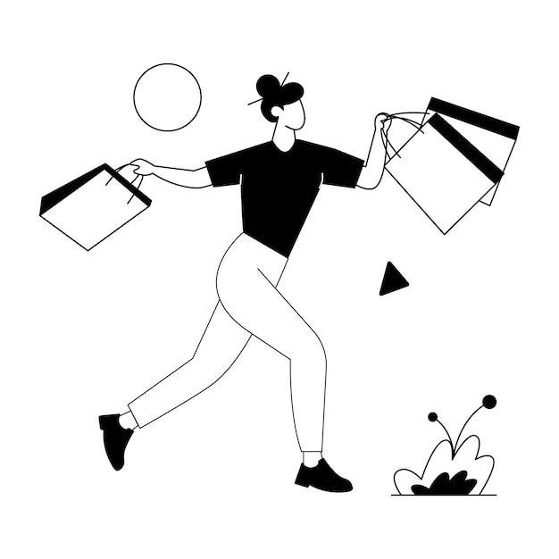 A woman is running with shopping bags and a black shirt is holding a bag.