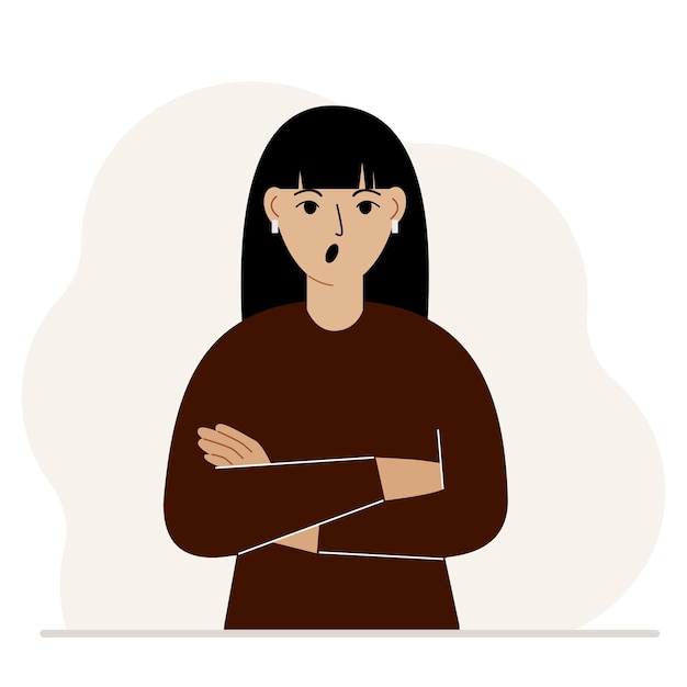 Vector the woman is screaming and upset. the arms are crossed over the chest. vector flat illustration