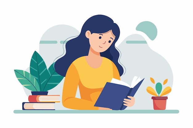 Vettore una donna è seduta a un tavolo assorta nella lettura di un libro un tempo di studio di una donna39 simple e minimalista flat vector illustration