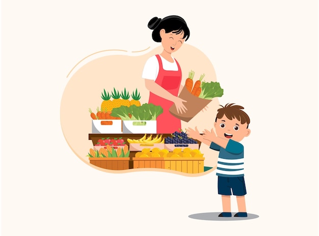 A woman is selling vegetables and a boy is standing in front of a fruit stand