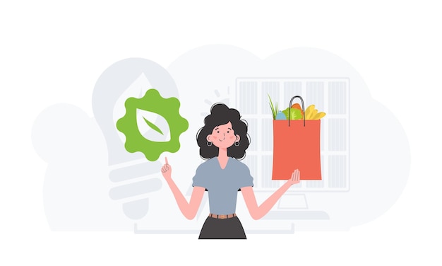Vettore la donna viene mostrata fino alla cintola con in mano un'icona eko e un pacchetto di corretta alimentazione il concetto di ecologia zero rifiuti e alimentazione sana illustrazione vettoriale di tendenza