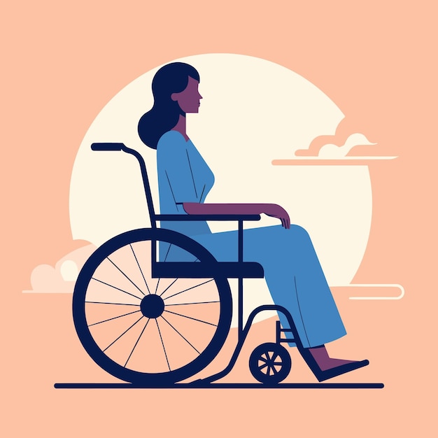 Vector a woman is sitting calmly in a wheelchair against a sunset backdrop in this vector illustration