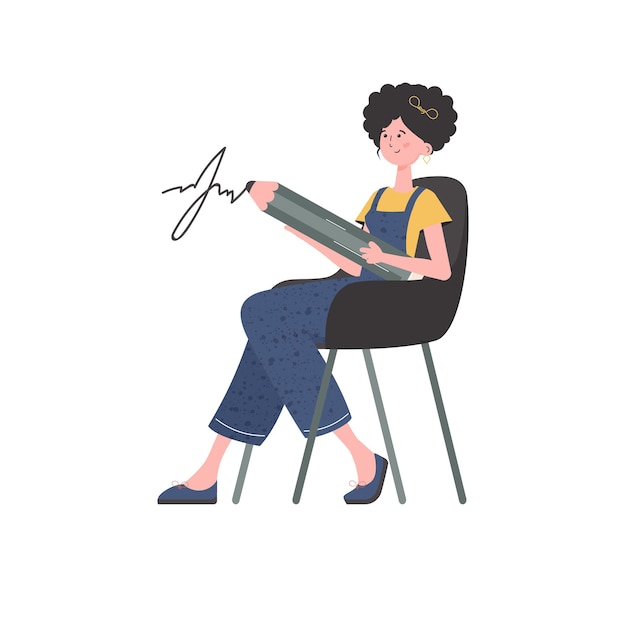 A woman is sitting in a chair holding a large pencil in her hands Isolated Element for presentation Vector illustration