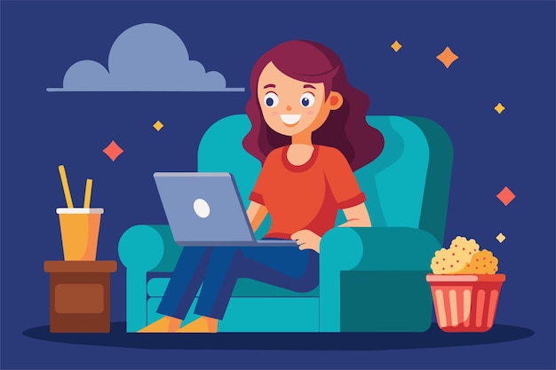 A woman is sitting on a cozy couch absorbed in a movie on her laptop enjoying snacks and drinks Woman watching movie on laptop flat illustration