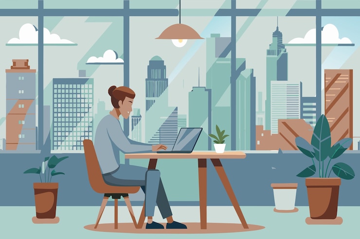 Vector a woman is sitting at a desk in a city office working on her laptop