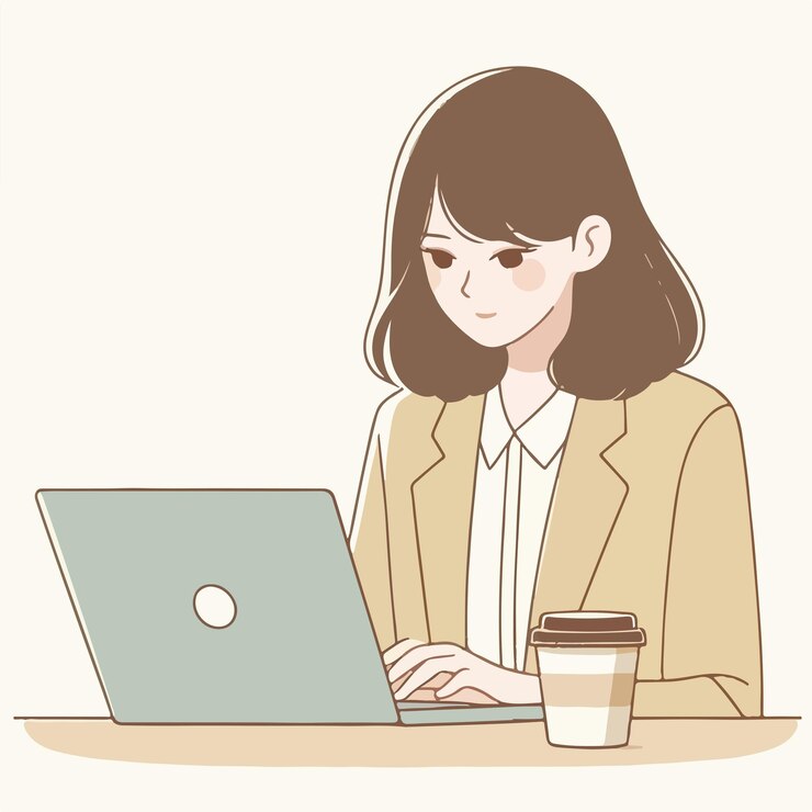 女性がラップトップとコーヒーカップを持って机に座っています