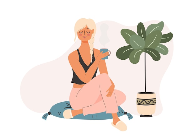 Woman is sitting on the floor and drinking coffee Self time concept illustration