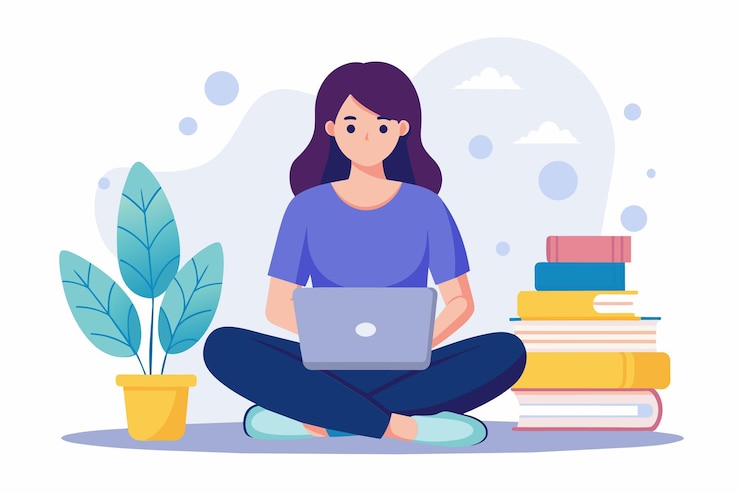 Vector a woman is sitting on the floor using a laptop for online education woman sitting with laptoponline education concept distance learningconcept flat illustration