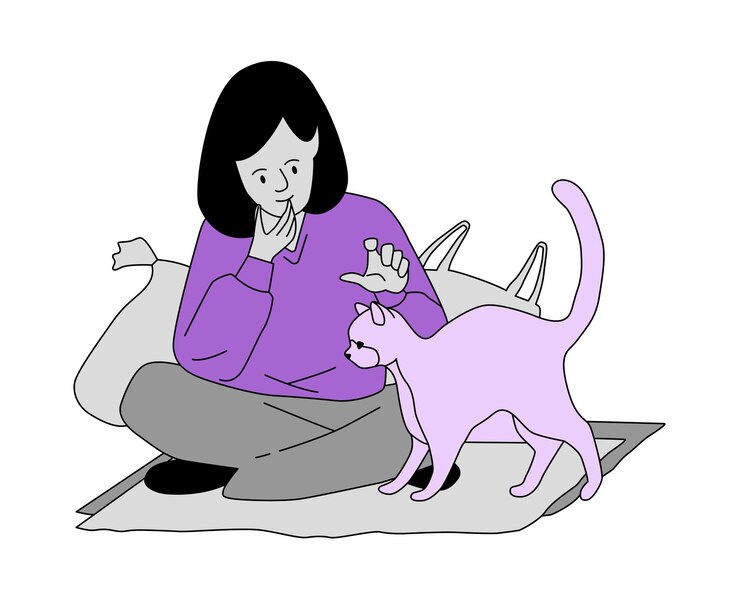 Vector a woman is sitting on the floor with her cat vector illustration