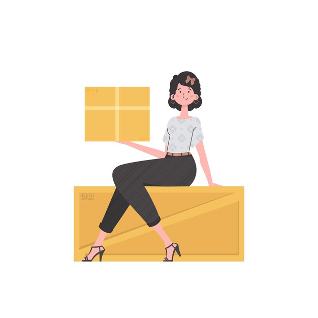 A woman is sitting and holding a parcel Delivery concept Isolated trendy style Vector
